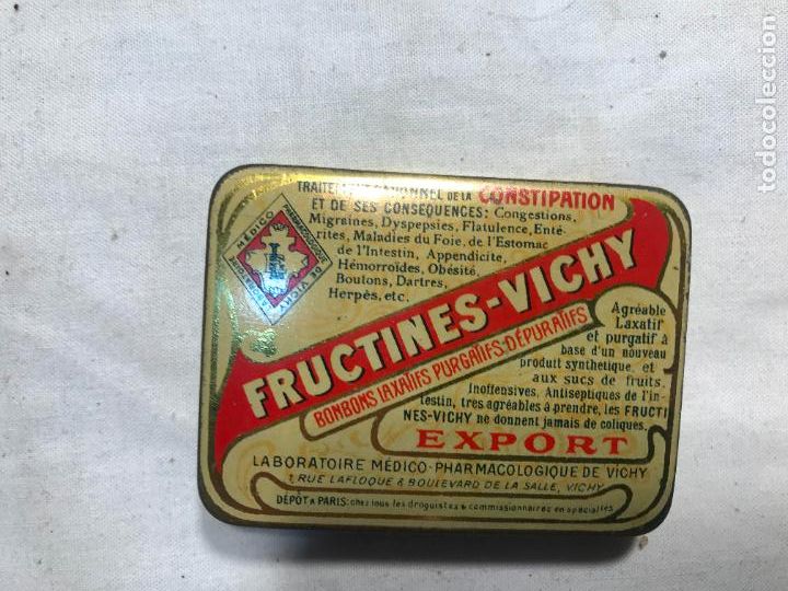 Cajas y cajitas met&aacute;licas: Caja medicamentos Fructines Vichy etiqueta Emile Delouche Paris con 6 comprimidos