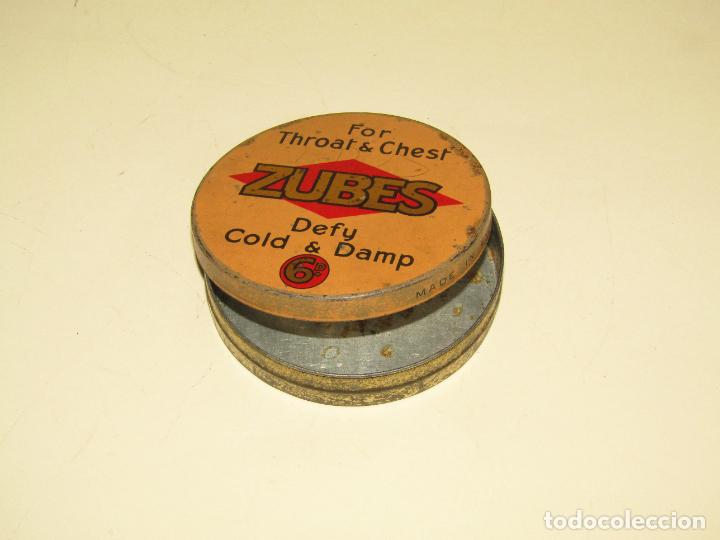 Cajas y cajitas met&aacute;licas: Antigua Caja en Hojalata Litografiada de ZUBES para Garganta y Pecho, Desaf&iacute;an el Fr&iacute;o y la Humedad
