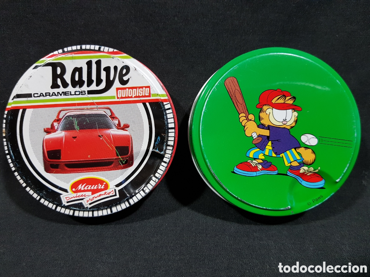 Cajas y cajitas met&aacute;licas: Lata Caramelos Clic Clac Mauri Barcelona Dulces Momentos Rallye Autopista + Garfield