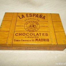 Cajas y cajitas metálicas: ANTIGUA CAJA EN HOJALATA LITOGRAFIADA DE LA FABRICA DE CHOCOLATES LA ESPAÑA DE MADRID AÑO 1910-20S.