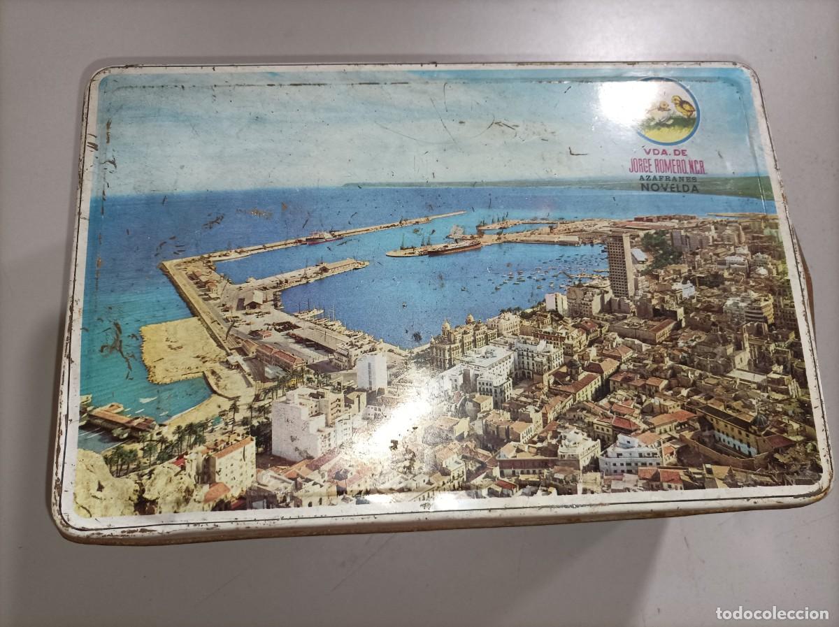 Casse e cassette metalliche: Caja met&aacute;lica antigua AZAFRANES NOVELDA VDA. DE JORGE ROMERO