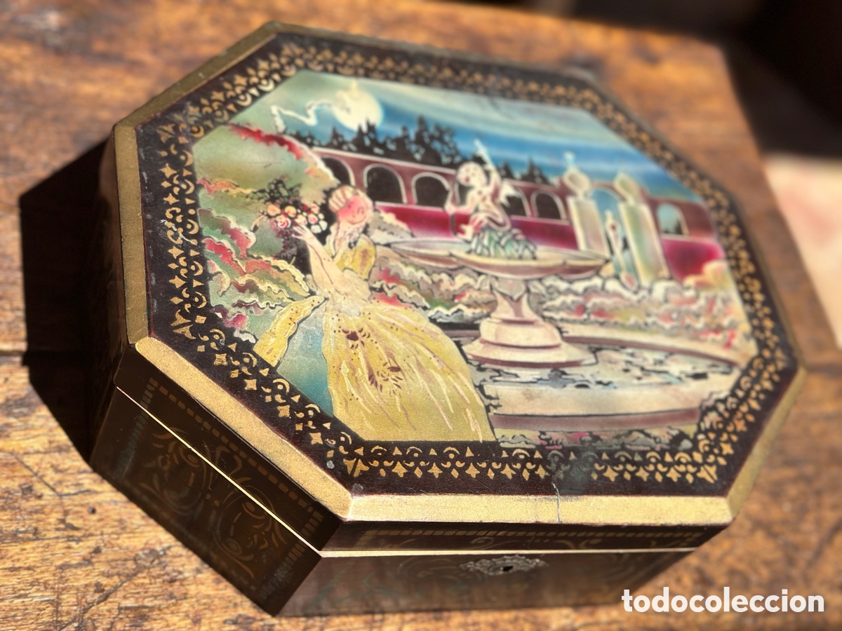 Cajas y cajitas met&aacute;licas: Caja madera antigua joyero costurero con espejo a&ntilde;os 40 escena Romantica nocturna