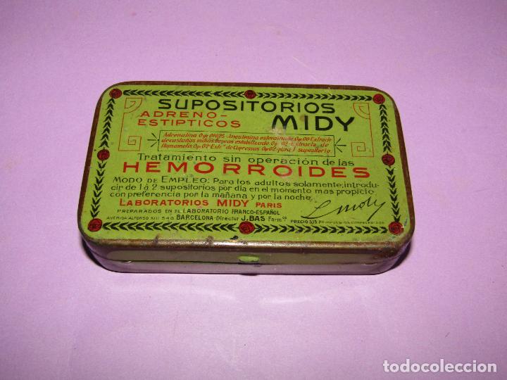 Cajas y cajitas met&aacute;licas: Antigua Cajita en Hojalata Litografiada de Supositorios MIDY para Hemorroides Litograf. G.DE ANDREIS