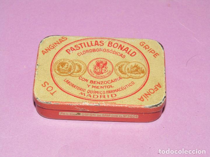 Cajas y cajitas met&aacute;licas: Antigua Cajita en Hojalata Litografiada de Pastillas BONALD para La Tos, Gripe, Afon&iacute;a, Anginas