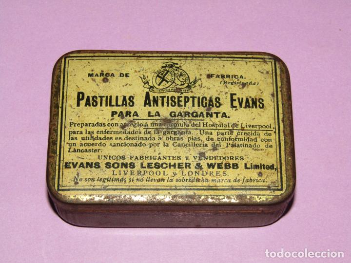 Cajas y cajitas met&aacute;licas: Antigua Cajita en Hojalata Litografiada de PASTILLAS ANTIS&Eacute;PTICA EVANS Para la Garganta