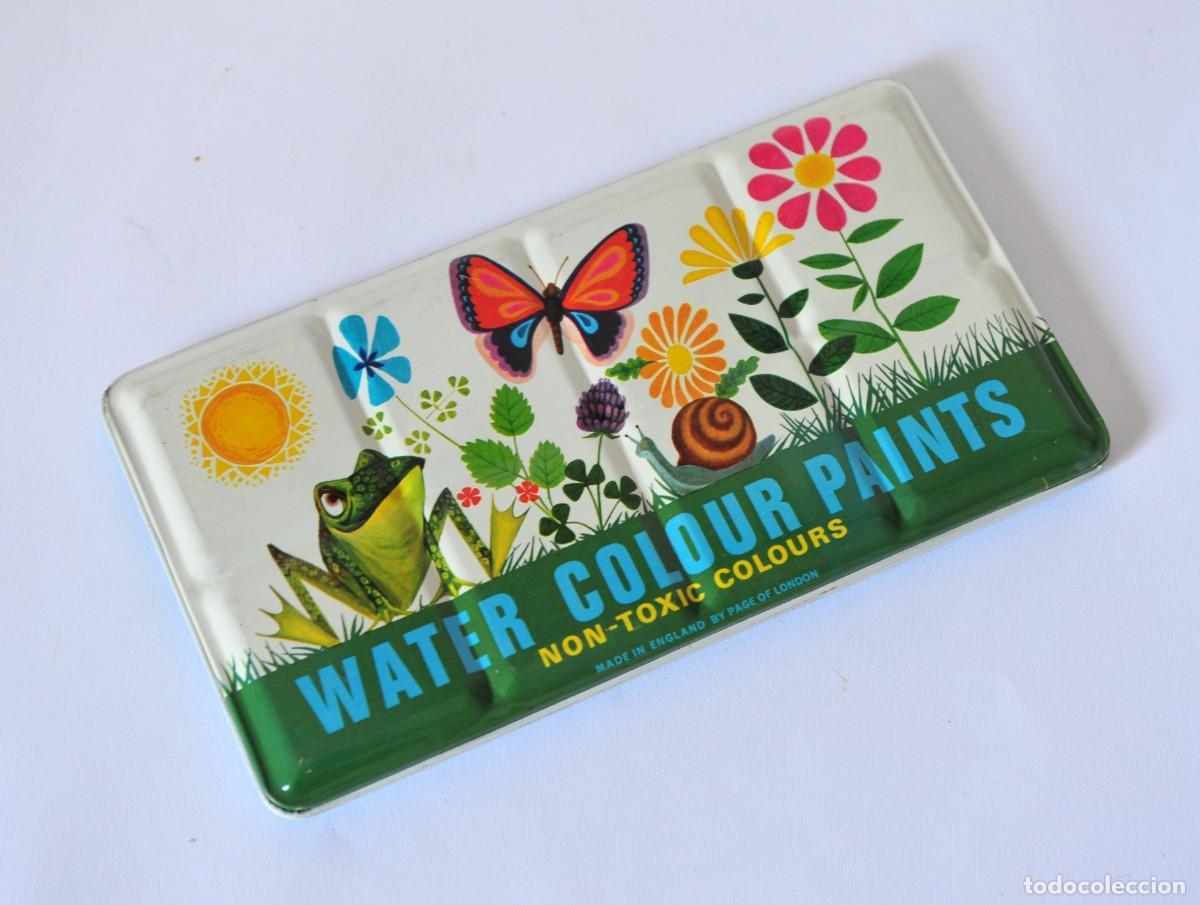 Cajas y cajitas met&aacute;licas: Caja vintage de metal litografiado con pinturas de acuarelas. Marca Page London, Made in England.
