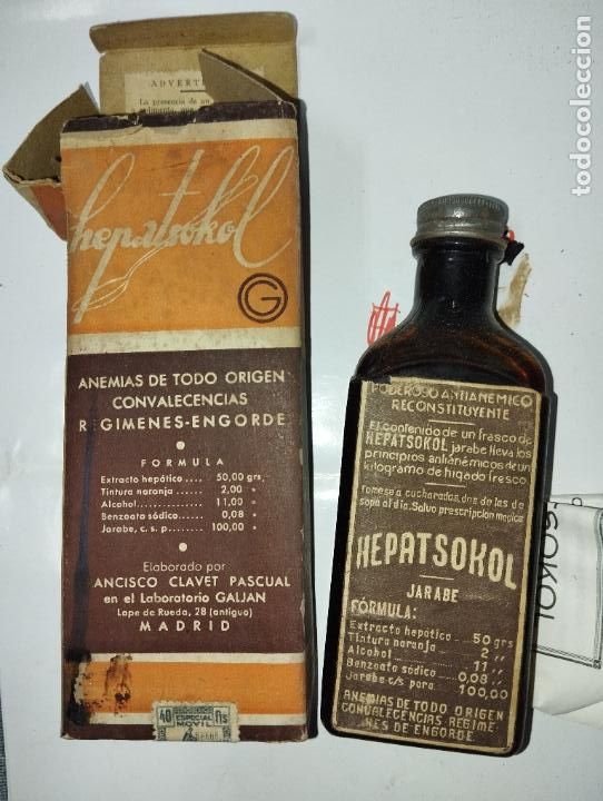 Boxes and metal boxes: FRASCO DE FARMACIA HEPATSOKOL LAB. CLAVET PASCUAL GARJAN MADRID // MEDICAMENTO ANTIGUO