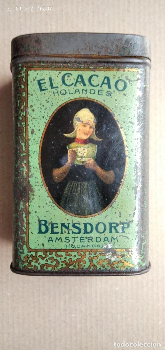 Cajas y cajitas met&aacute;licas: MUY ANTIGUO BOTE DE HOJALATA EL CACAO HOLANDES,BENSDORF AMSTERDAM (DESCRIPCI&Oacute;N)