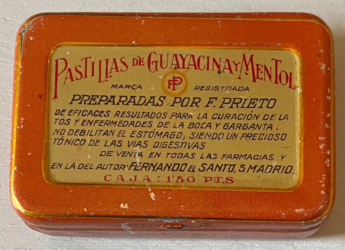 Boxes and metal boxes: CAJA DE LATA DE FARMACIA DE PASTILLAS DE GUAYACINA Y MENTOL, PREPARADAS POR F. PRIETO, A&Ntilde;OS 1920, MI
