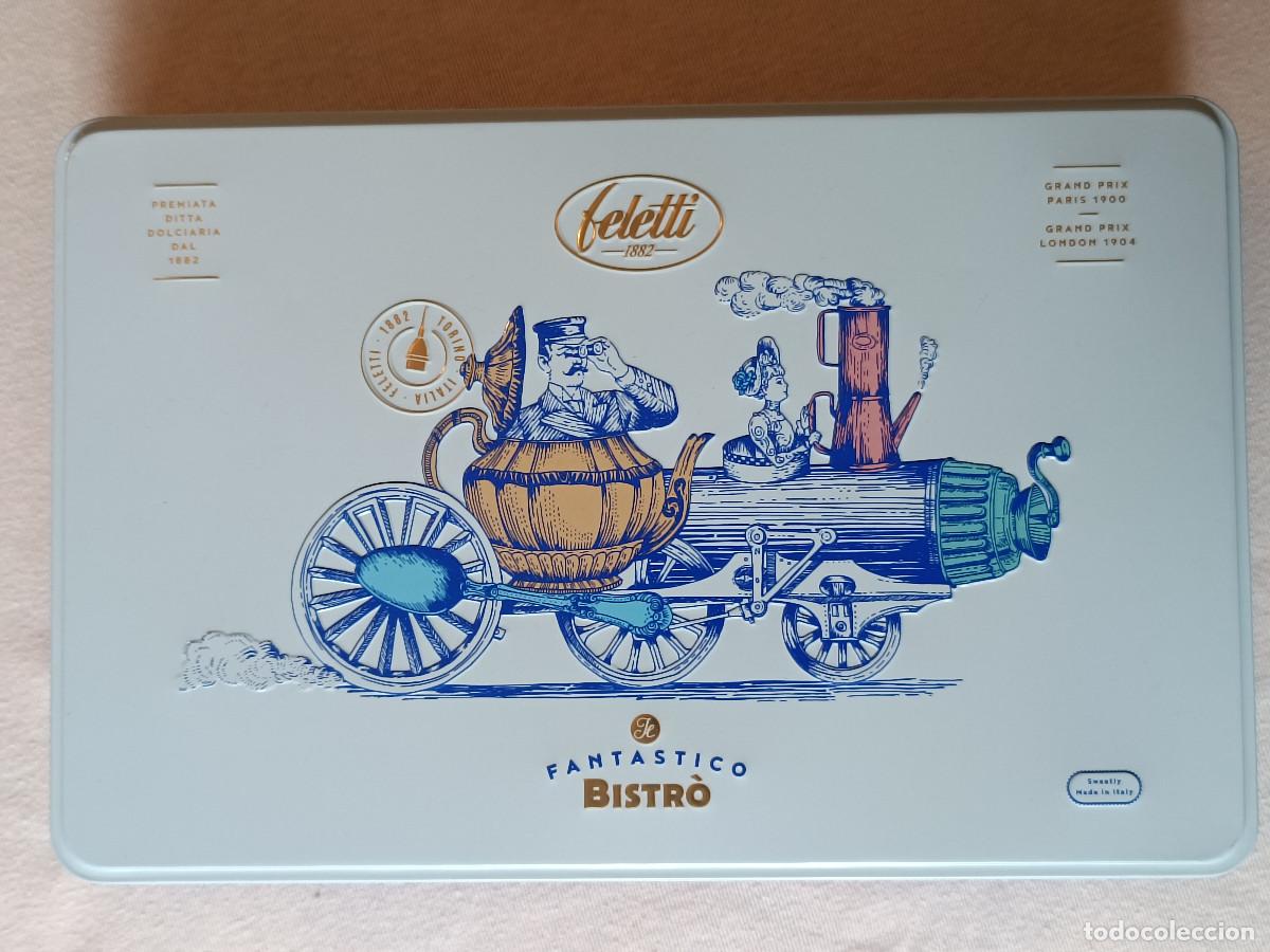 Cajas y cajitas met&aacute;licas: Caja de lata Bombones FELETTI -Edici&oacute;n vintage, motivo en relieve Maquina de tren a vapor. VAC&Iacute;A.