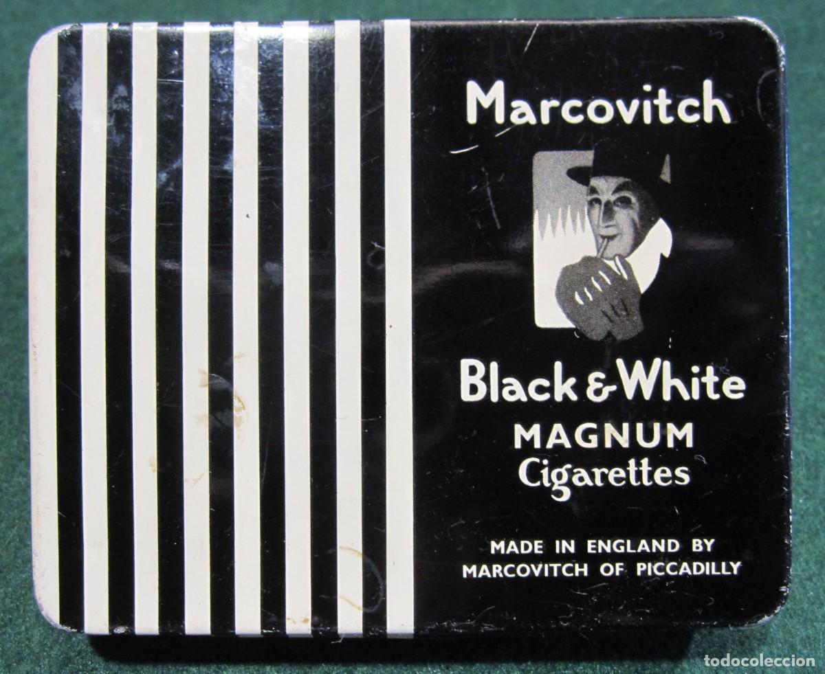Cajas y cajitas met&aacute;licas: ANTIGUA CAJA MET&Aacute;LICA DE CIGARRILLOS MARCOVITCH. BLACK & WHITE. MAGNUM CIGARRETES. MADE IN ENGLAND