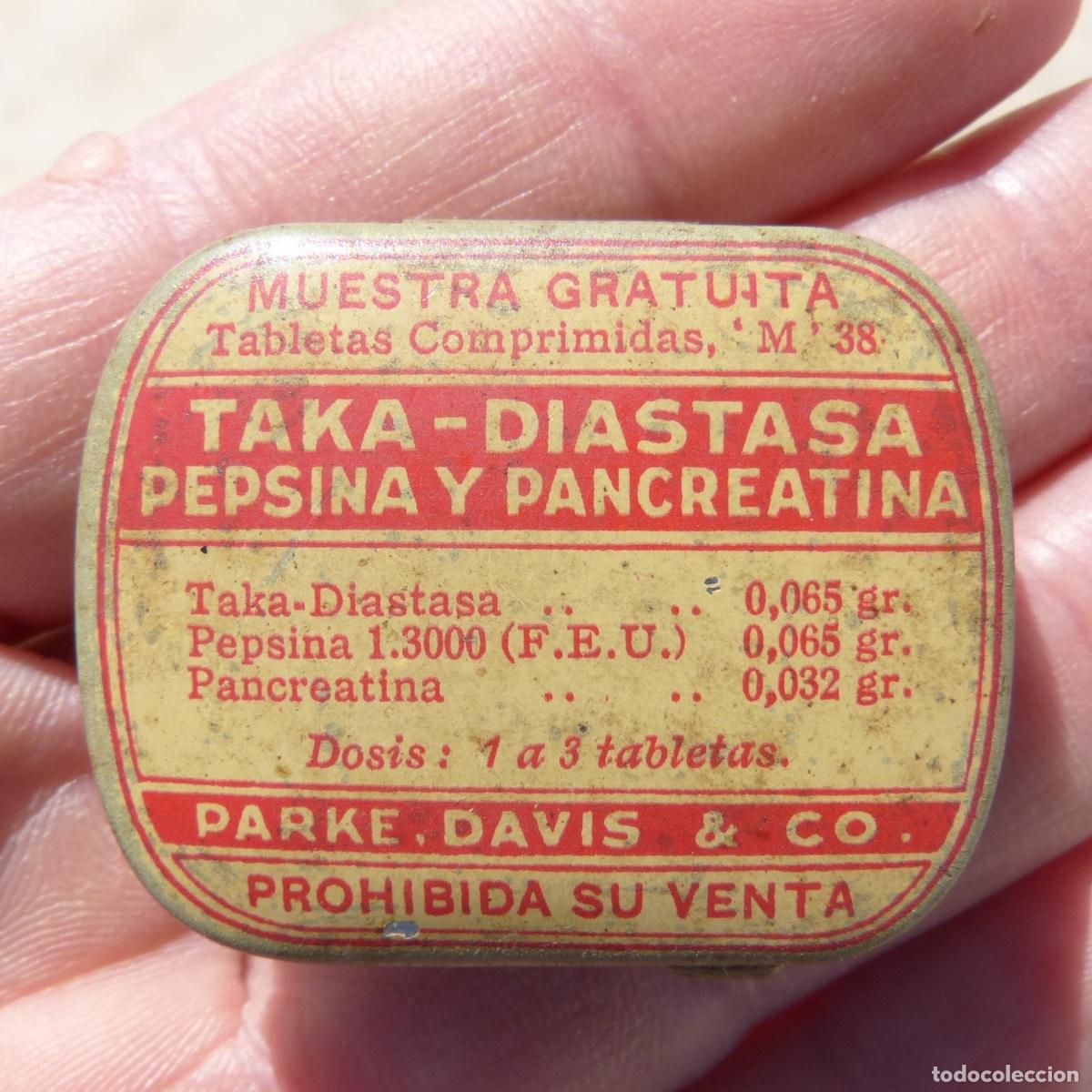 Caixas e caixinhas met&aacute;licas: Peque&ntilde;a cajita de medicamento, Taka Diastasa, pepsina y pancreatina, con contenido