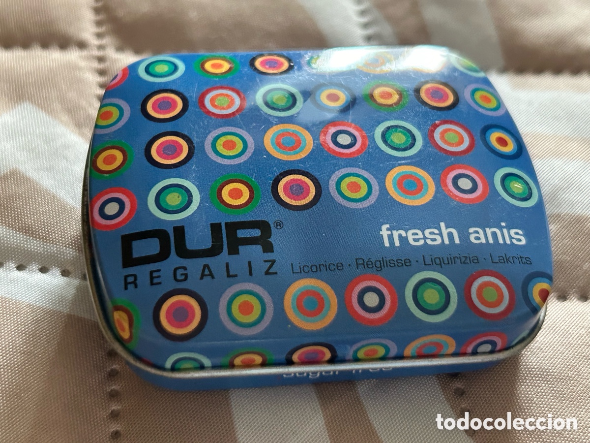 Casse e cassette metalliche: CAJA MET&Aacute;LICA DE PASTILLAS DE REGALIZ DUR. SAET SWEETS. FRESH ANIS. LATA. VAC&Iacute;A