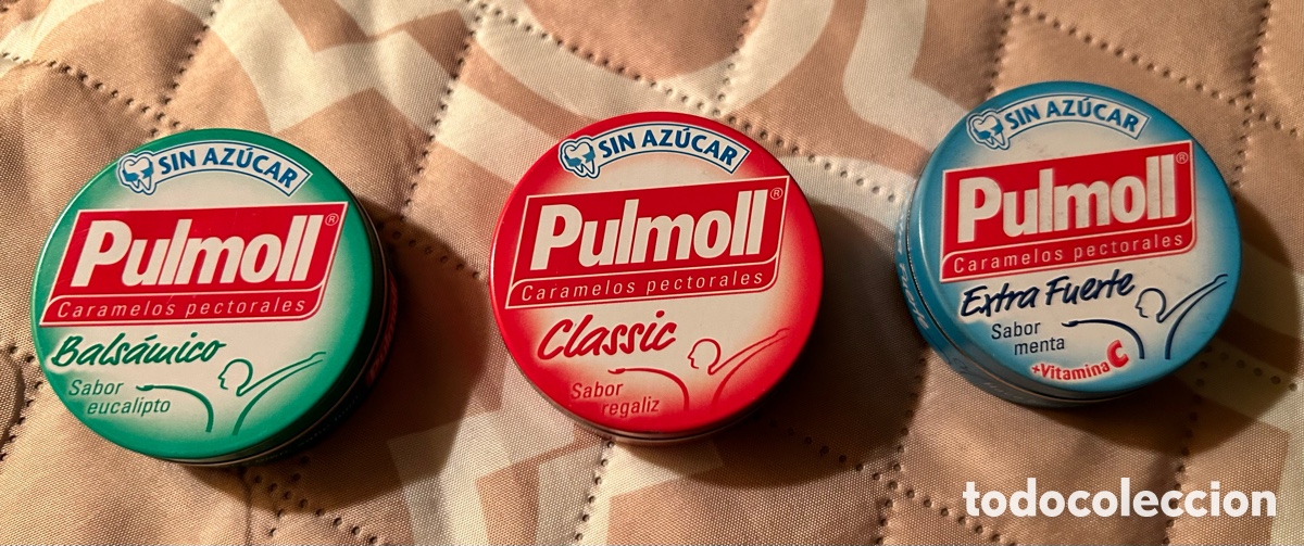 Casse e cassette metalliche: 3 CAJAS MET&Aacute;LICAS DE CARAMELOS PECTORALES PULMOLL. LATA. VAC&Iacute;AS