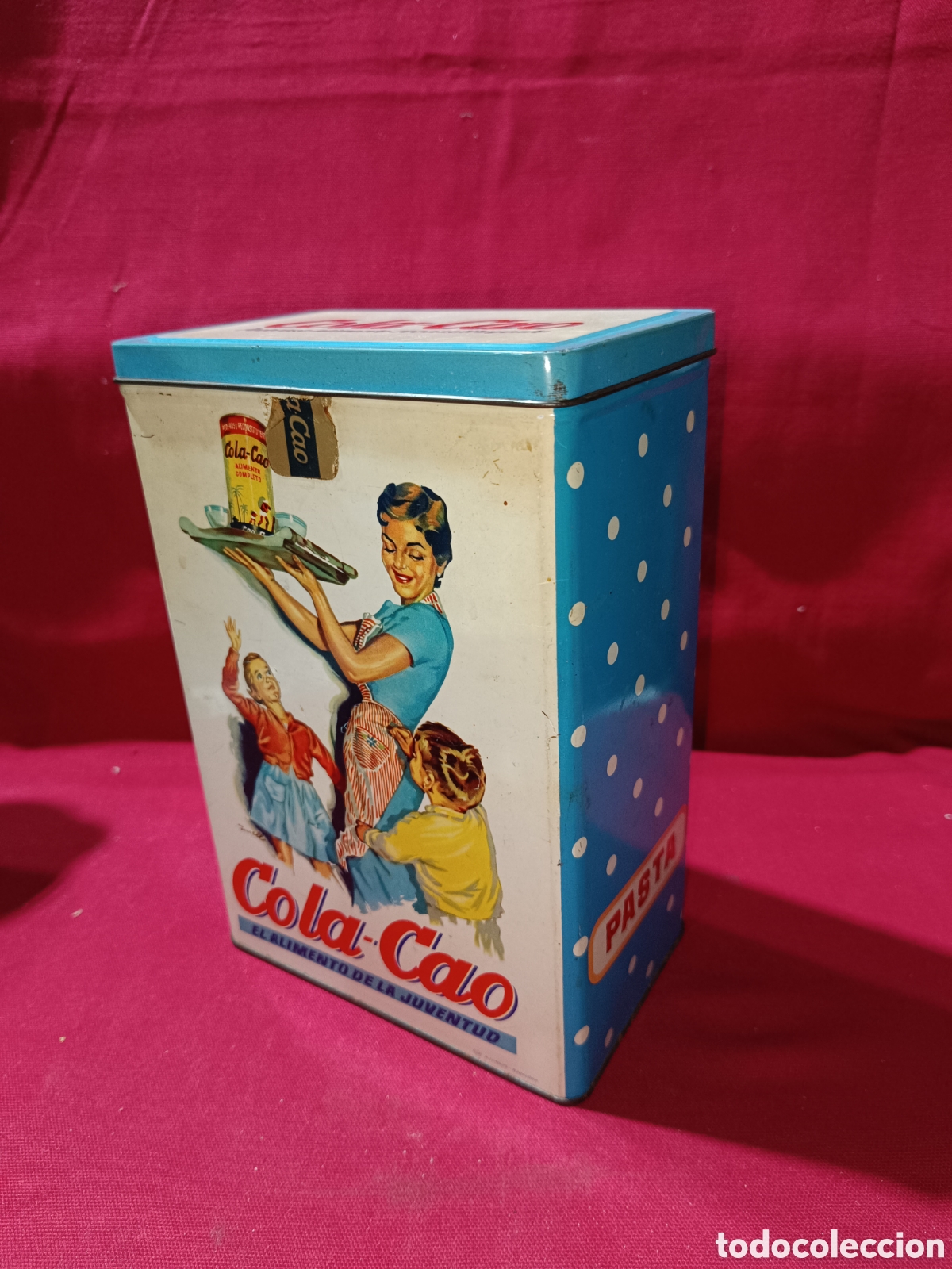 Cajas y cajitas met&aacute;licas: Antigua caja publicidad de Cola Cao Colacao PASTA LUNARES AZUL