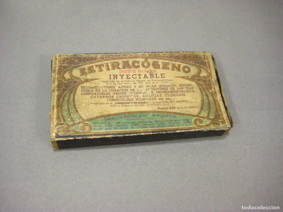 Boxes and metal boxes: Caja vac&iacute;a de medicinas. Reconstituyente Estirac&oacute;geno. Laboratorio Montesfer Madrid. A&ntilde;os 30-40.