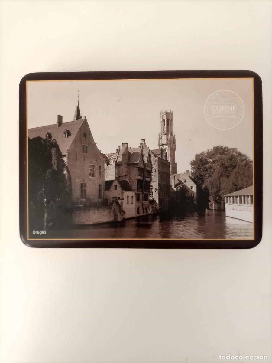Bo&icirc;tes et petites bo&icirc;tes m&eacute;talliques: Caja de lata chocolate Belga Corne Port Royal con imagen de Brujas Bruges