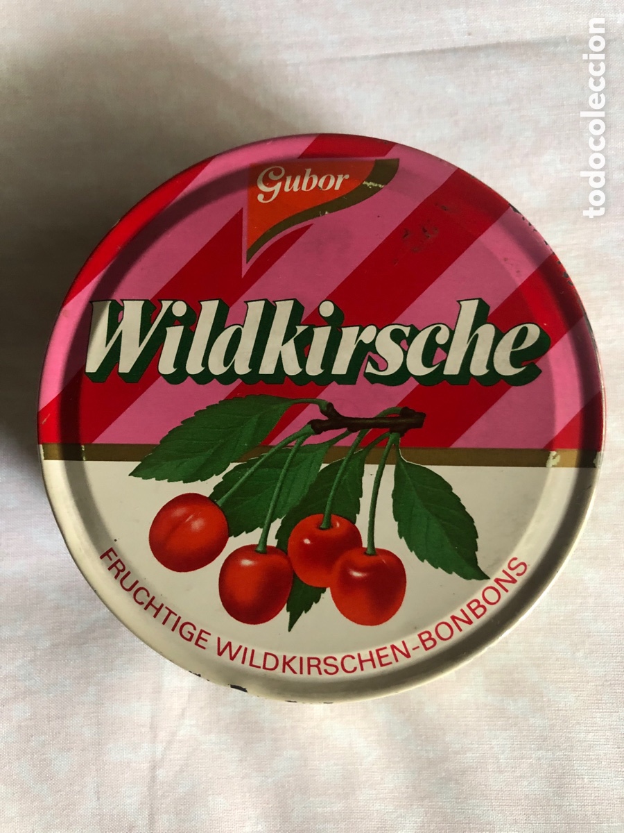 Blechdosen und Kisten: Caja met&aacute;lica de bombones rellenos de cereza. Marca Guber. Alemania. ASM