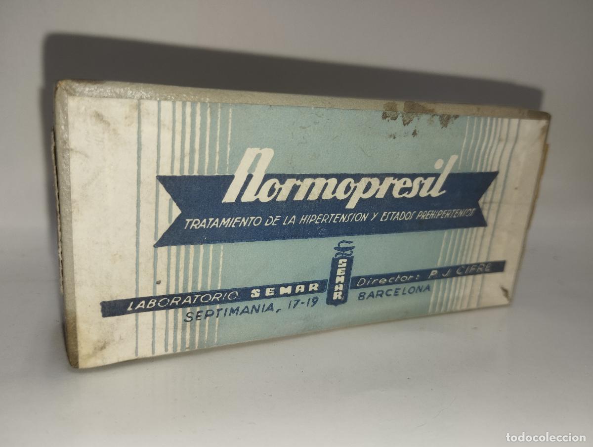 Bo&icirc;tes et petites bo&icirc;tes m&eacute;talliques: CAJA DE FARMACIA NORMOPRESIL CON TEOBROMINA // MEDICAMENTO ANTIGUO