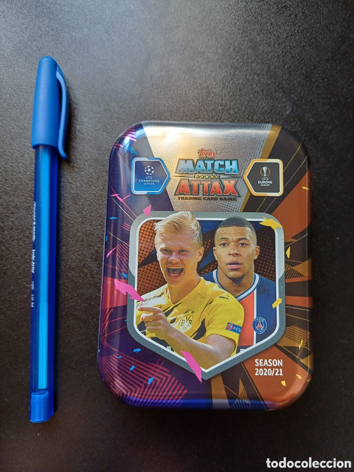 Cajas y cajitas met&aacute;licas: CAJA LATA VAC&Iacute;A TOPPS MATCH ATTAX 2020/21 HAALAND MBAPPE