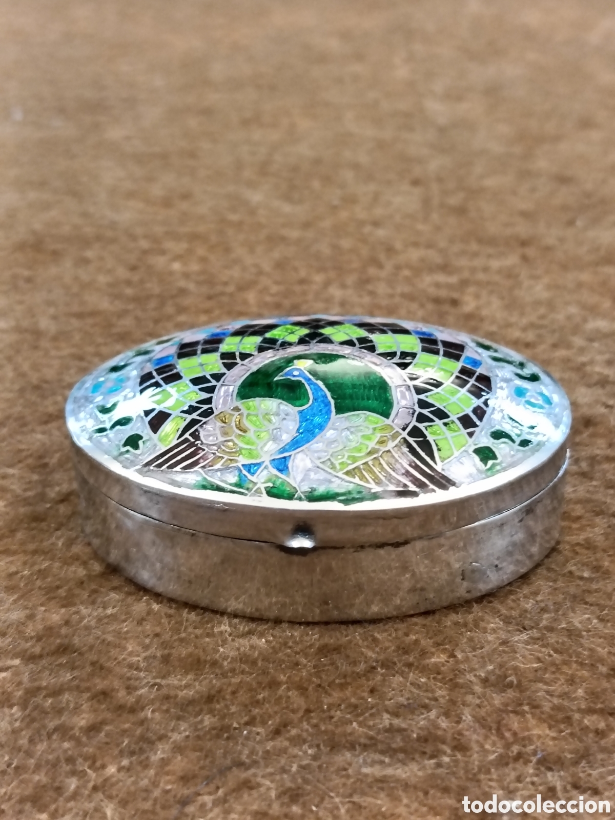 Cajas y cajitas met&aacute;licas: PRECIOSA CAJA, JOYERO PLATA ESTERLINA. ESMALTE. PAVO REAL. 6CM. DI&Aacute;METRO.