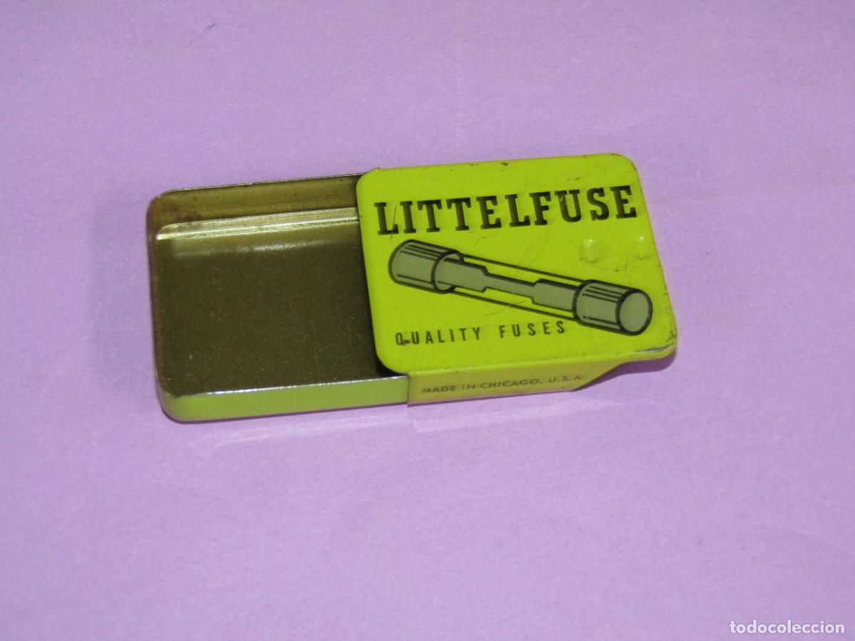 Cajas y cajitas met&aacute;licas: Antigua Cajita con Tapa Corredera en Hojalata Litografiada LITTELFUSE Made in Chicago USA