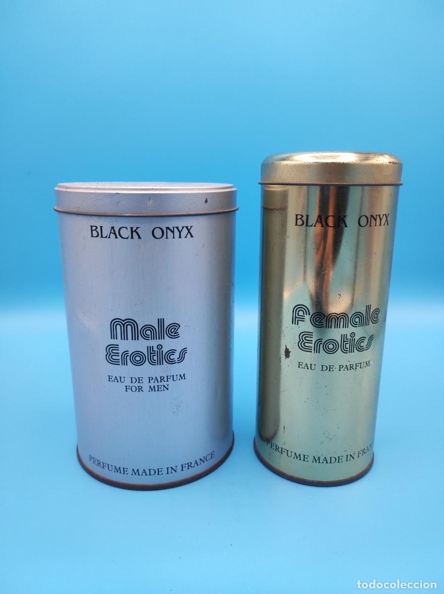 Cajas y cajitas met&aacute;licas: Lote 2 botes de perfume/colonia Black Onyx Male and Female Erotics a&ntilde;os 80-90