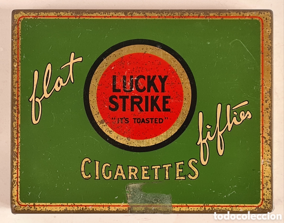 Cajas y cajitas met&aacute;licas: Antigua Caja Lata vac&iacute;a Lucky Strike Cigarettes Flat Fifties - Decoraci&oacute;n Cigarrillos
