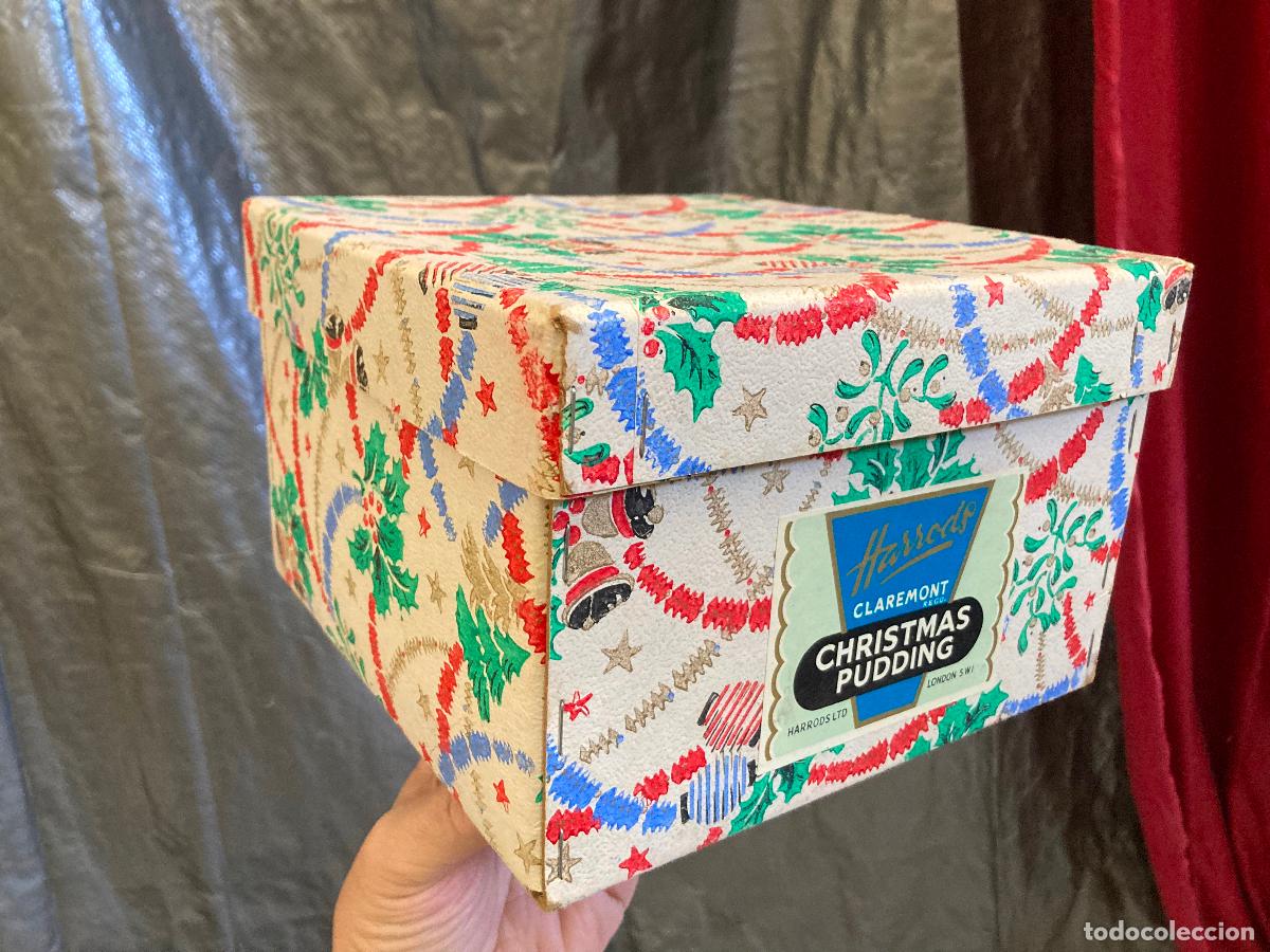 Cajas y cajitas met&aacute;licas: Navidad caja de carton decorado para Christmas Pudding Harrods Claremont Londres mide 21x21x13 cms