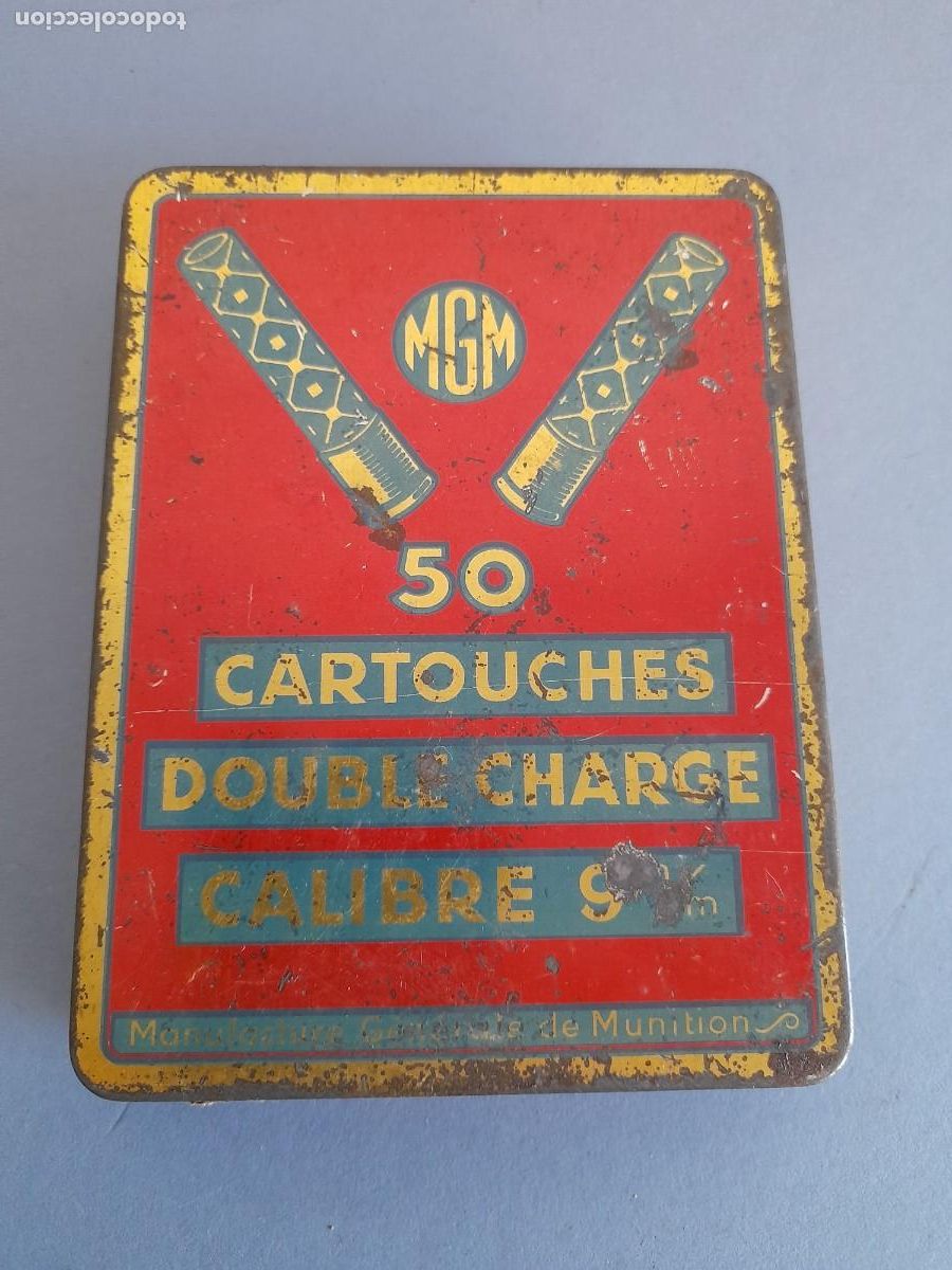 Cajas y cajitas met&aacute;licas: lata francesa de 50 cartuchos 9mm MGM, vacia , 12x9x2cm aprox
