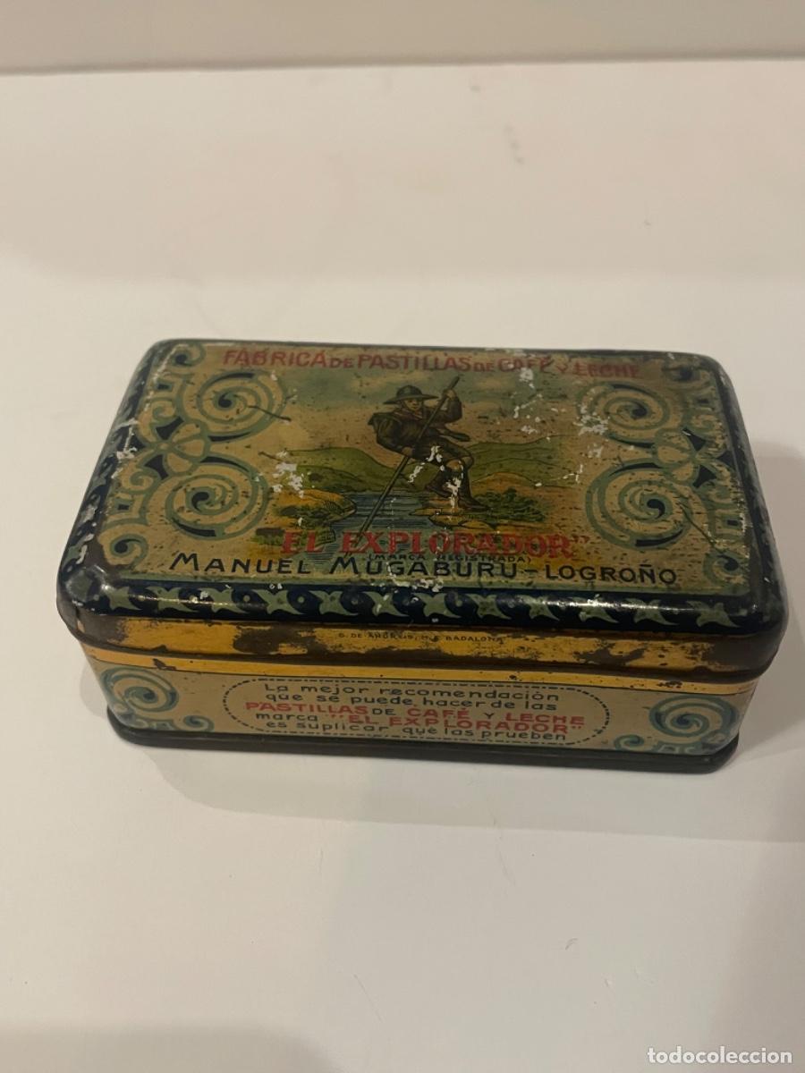 Cajas y cajitas met&aacute;licas: ANTIGUA CAJA DE LATA LITOGRAFIADA - ''EL EXPLORADOR'' FABRICA DE PASTILLAS DE CAFE Y LECHE MANUEL MU