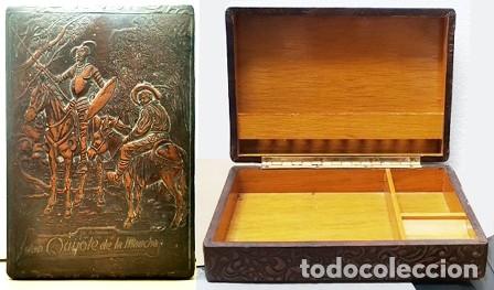 Cajas y cajitas met&aacute;licas: CAJA DE CUERO REPUJADO Y MADERA DE PUROS MIGUEL DE CERVANTES DON QUIJOTE - CAJAMETALICA-2148