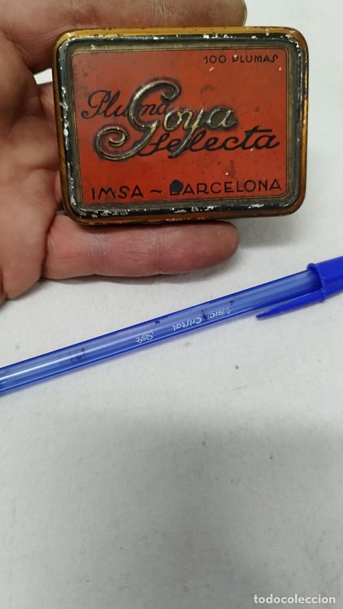 Cajas y cajitas met&aacute;licas: Antigua caja met&aacute;lica de plumas goya selecta,imsa Barcelona.Vacia.