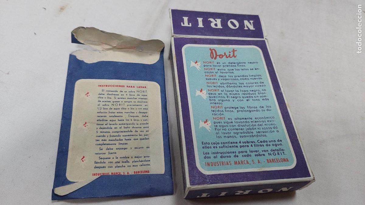 Cajas y cajitas met&aacute;licas: Antigua caja de detergente Norit con 2 sobres - Foto 2