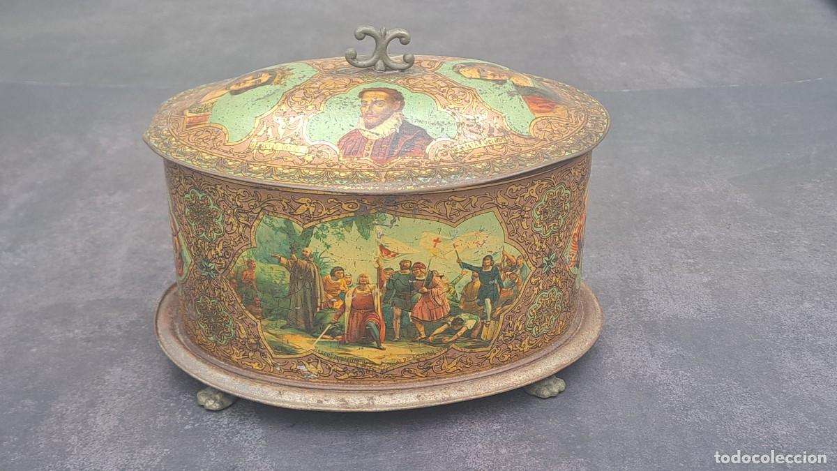 Cajas y cajitas met&aacute;licas: Gran CAJA DE GALLETAS OLIBET de 23 cms hojalata litografiada. Cristobal Colon. Rendicion Granada...