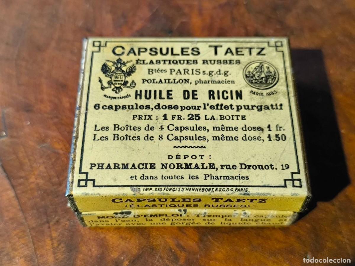 Bo&icirc;tes et petites bo&icirc;tes m&eacute;talliques: ANTIGUA CAJA DE HOJALATA DE MEDICINAS, CAPSULES TAETZ