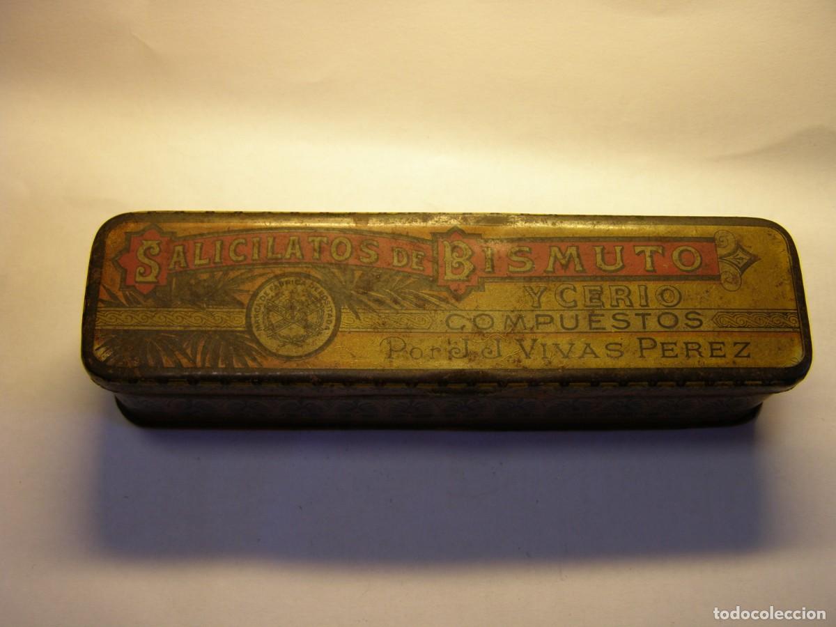 Blechdosen und Kisten: Cajita met&aacute;lica medicamentos, Salicilatos de bismuto y cerio, a&ntilde;os 30. J. J. Vivas P&eacute;rez.