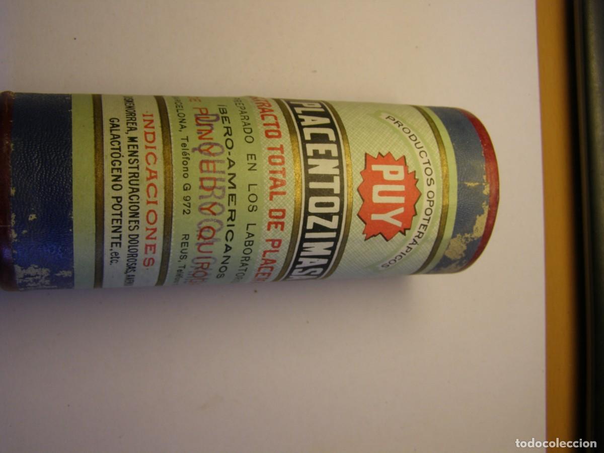 Cajas y cajitas met&aacute;licas: Antiguo bote de medicamento, PLACENTOZIMASA, a&ntilde;o 1938, Guerra Civil, farmacia A. DIGES . Tarragona.