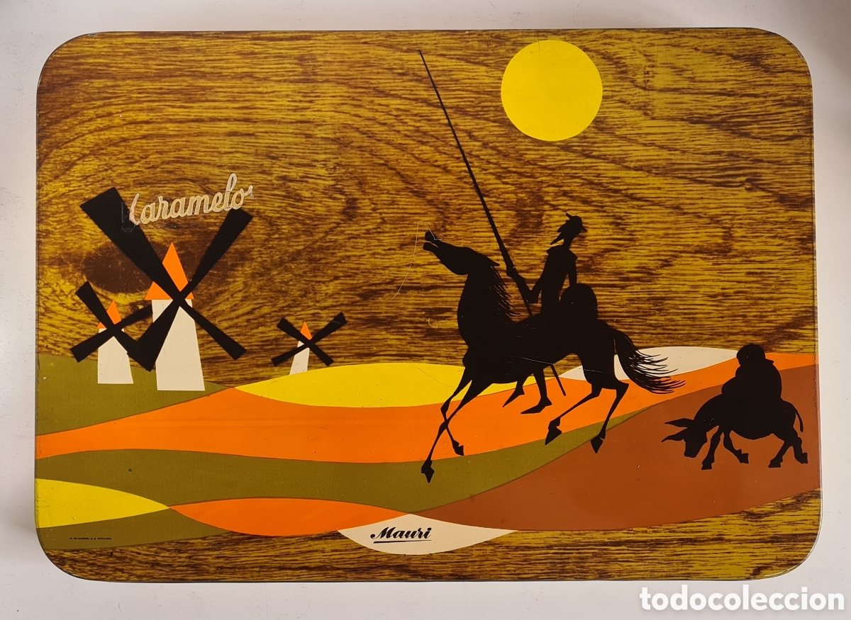 Cajas y cajitas met&aacute;licas: Caja Lata vac&iacute;a Caramelos Mauri - Quijote Sancho Molinos Sol La Mancha G. De Andreis BDN Decoraci&oacute;n