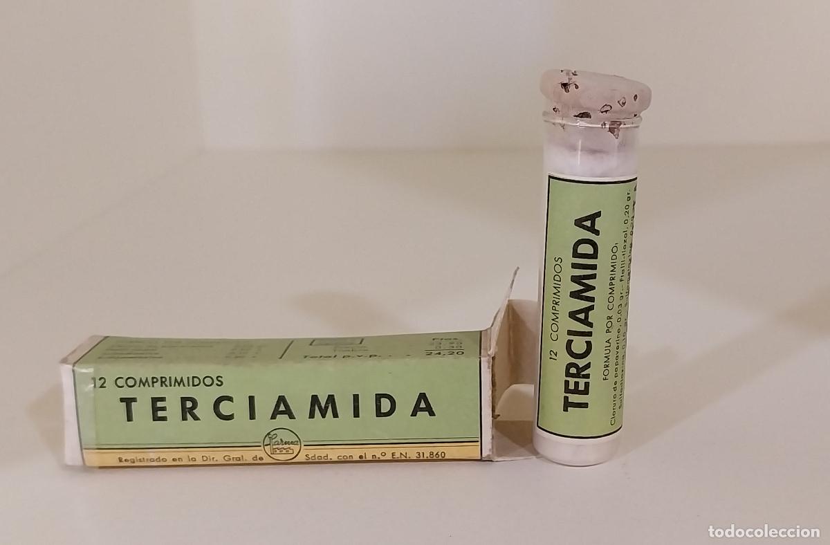 Boxes and metal boxes: ANTIGUO MEDICAMENTO. TERCIAMIDA. COMPRIMIDOS. CON PRODUCTO