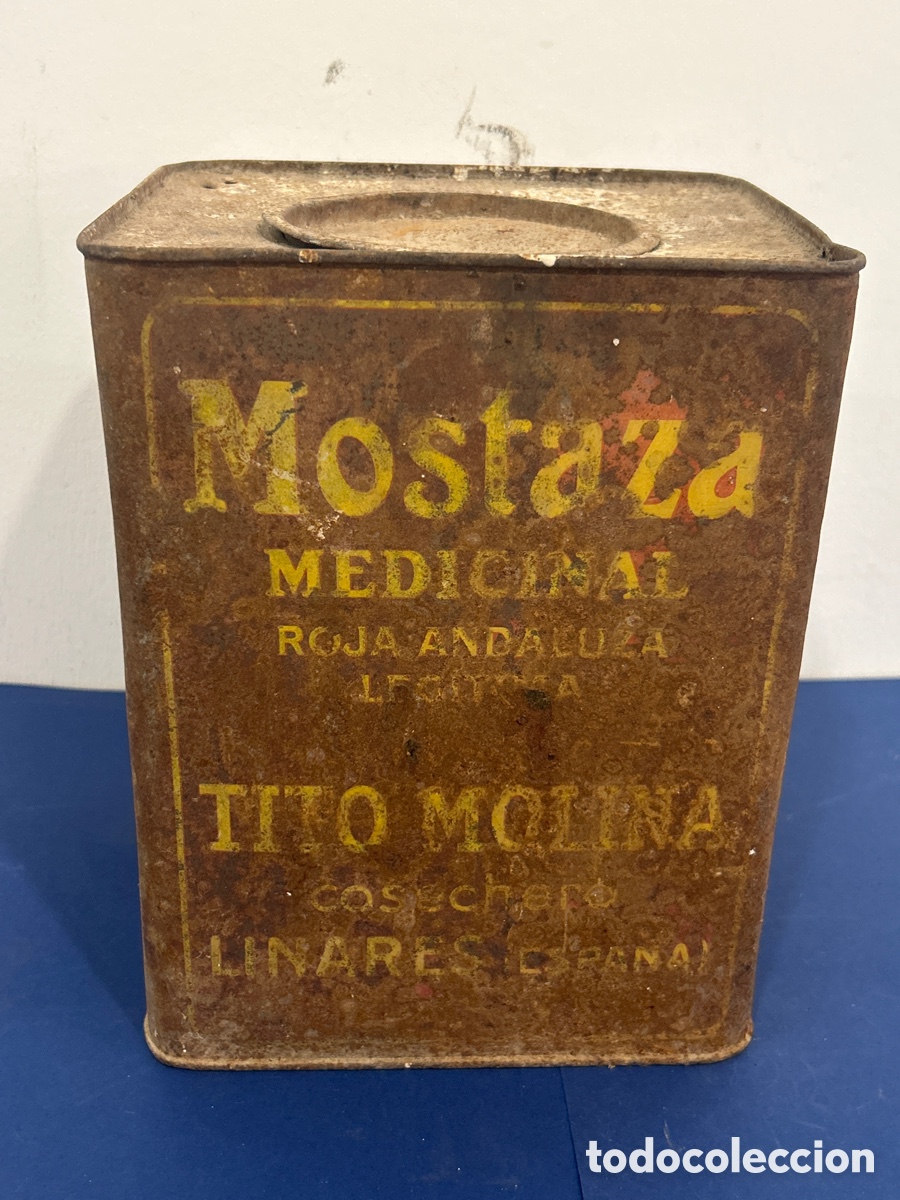 Bo&icirc;tes et petites bo&icirc;tes m&eacute;talliques: RARA LATA MOSTAZA MEDICINAO ROJA ANDALUZA LEGITIMA TITO MOLINA COSECHERO LINARES (ESPA&Ntilde;A)