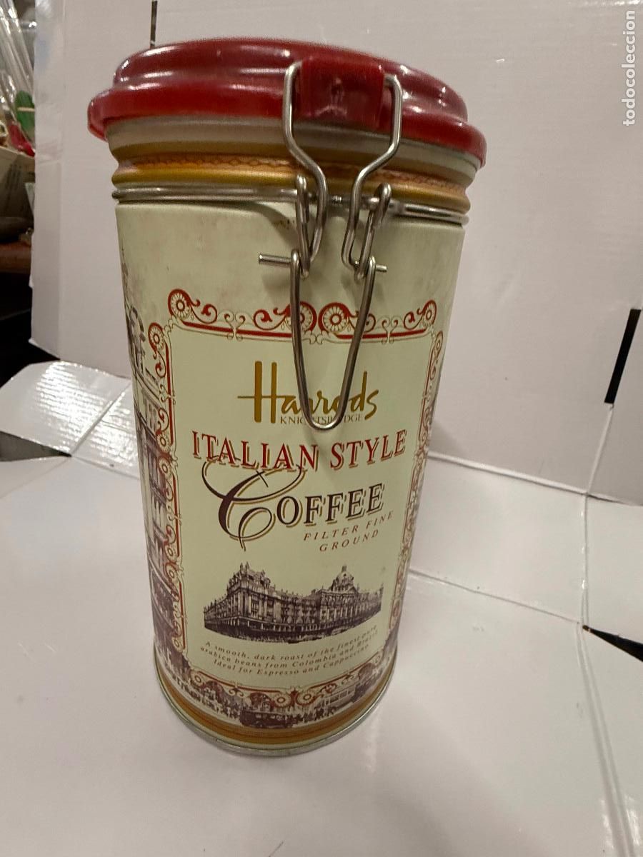 Casse e cassette metalliche: Preciosa lata litografiada para guardar CAF&Eacute; Retro de HARRODS, VINTAGE. Excelente estado
