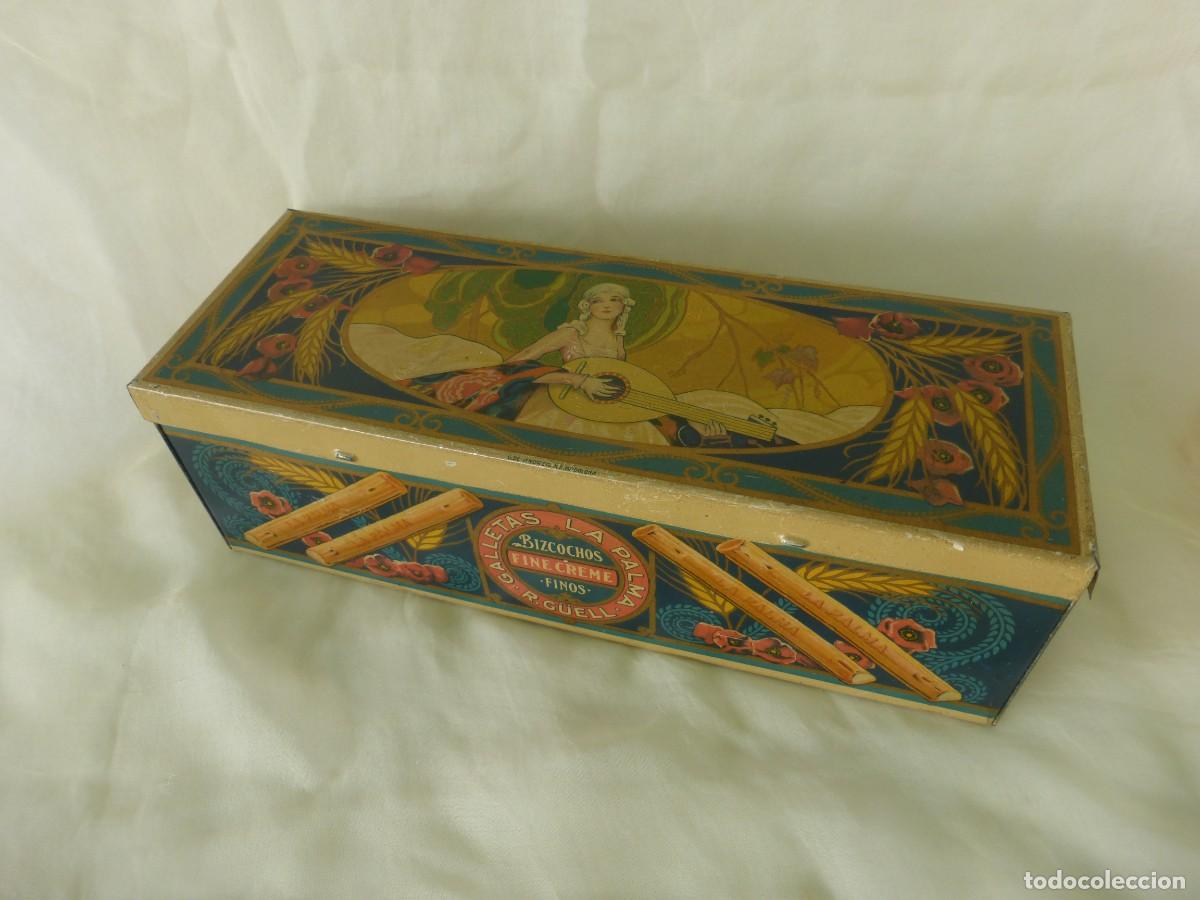 Cajas y cajitas met&aacute;licas: ANTIGUA CAJA DE HOJALATA LATA GALLETAS LA PALMA R. G&Uuml;ELL S.XX ANTIQUE BISCUIT TIN ART NOUVEAU