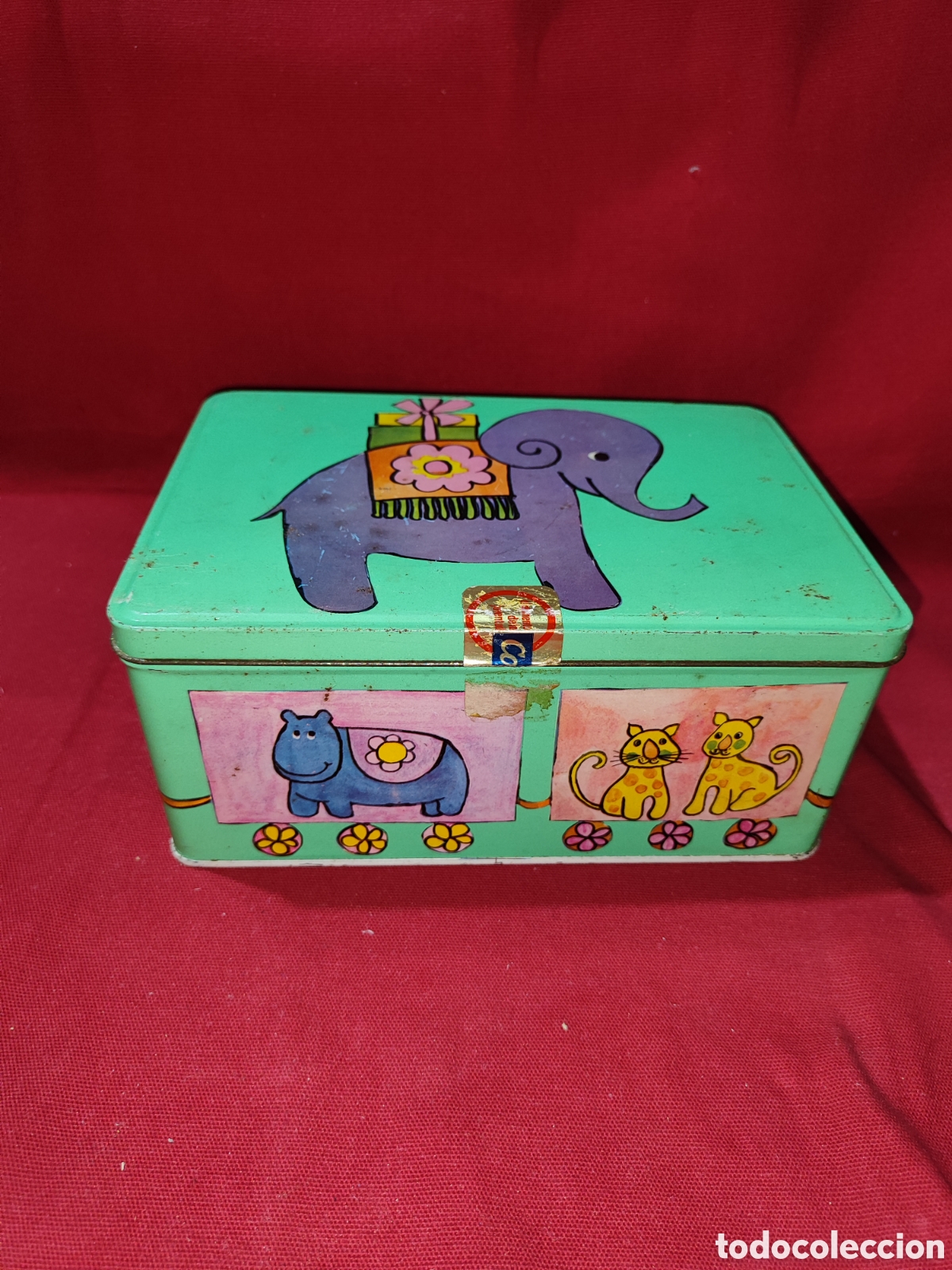 Cajas y cajitas met&aacute;licas: Antigua caja de Colacao cola cao tema dibujos elefante verde