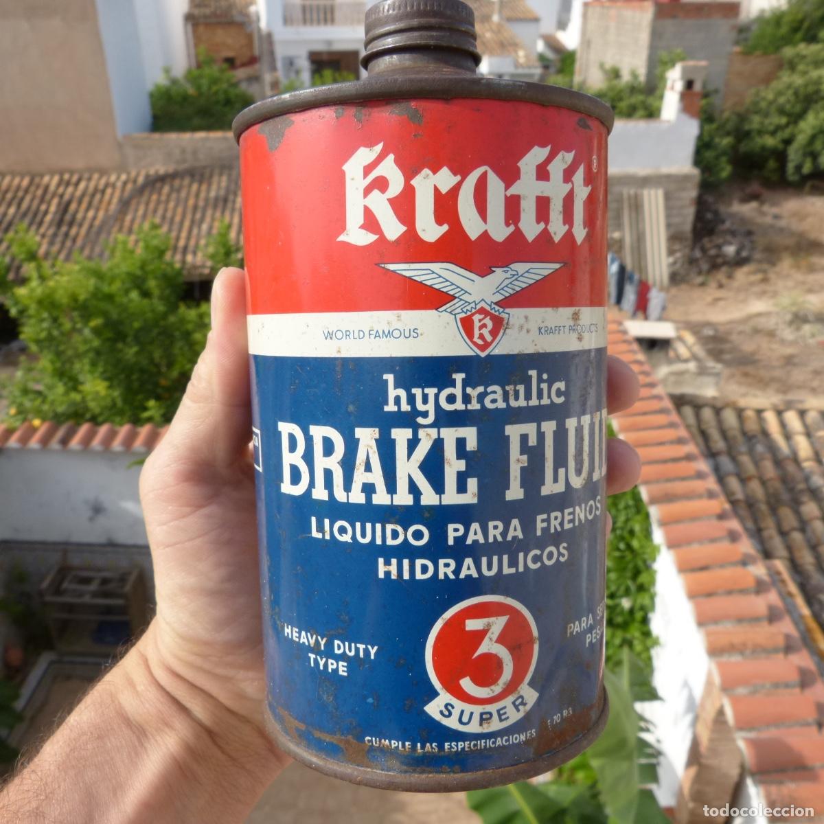 Blechdosen und Kisten: Antigua lata de liquido de frenos, Krafft, 3 super, para servivio pesado, 750cc.