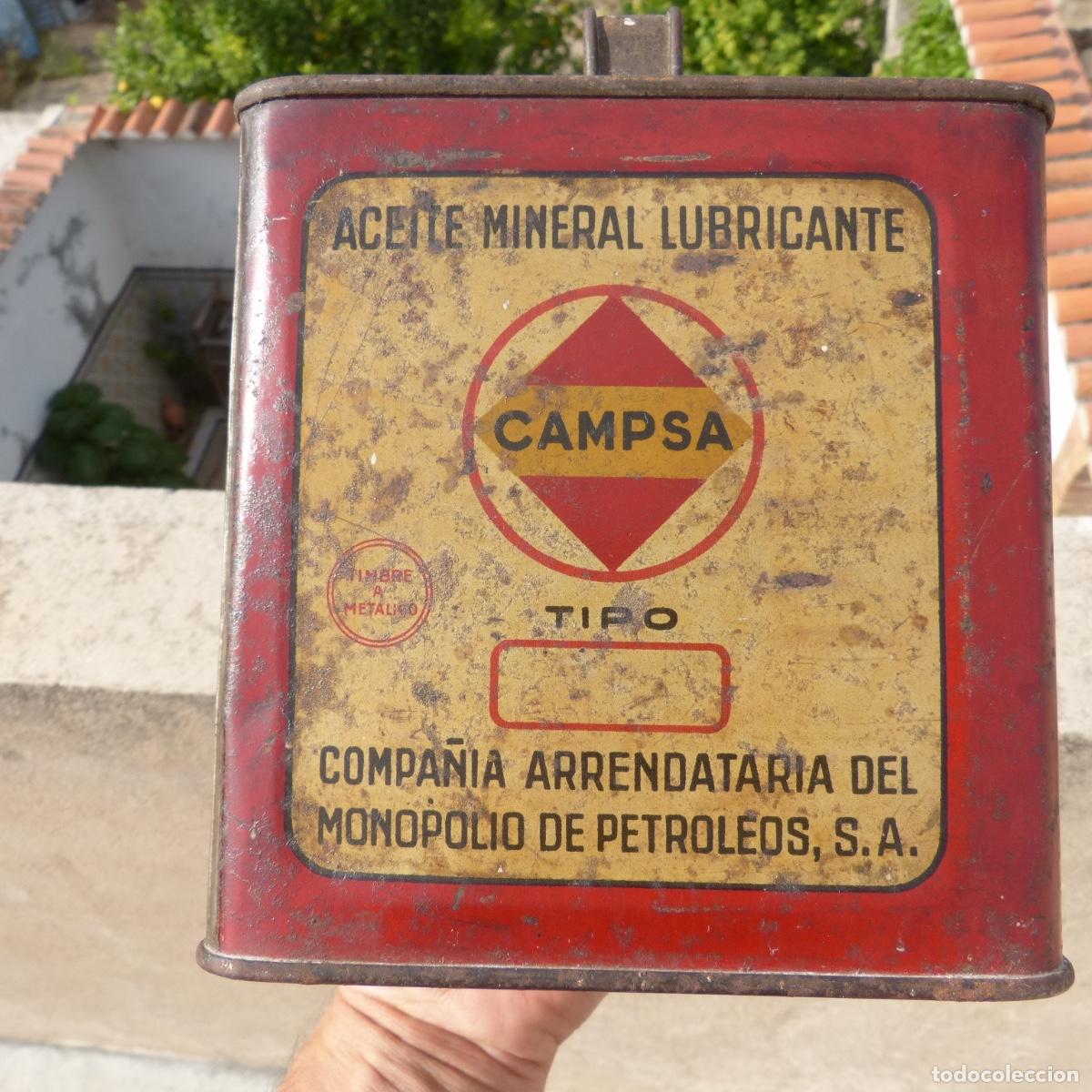 Blechdosen und Kisten: Antigua lata de aceite mineral lubricante Campsa, 15,5x14,5x10,7cm