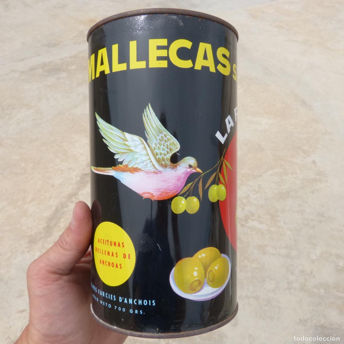 Blechdosen und Kisten: Antiguo bote de aceitunas rellenas, La Famosa, Mallecas s.l , Guadasuar , Valencia, fab 1967.