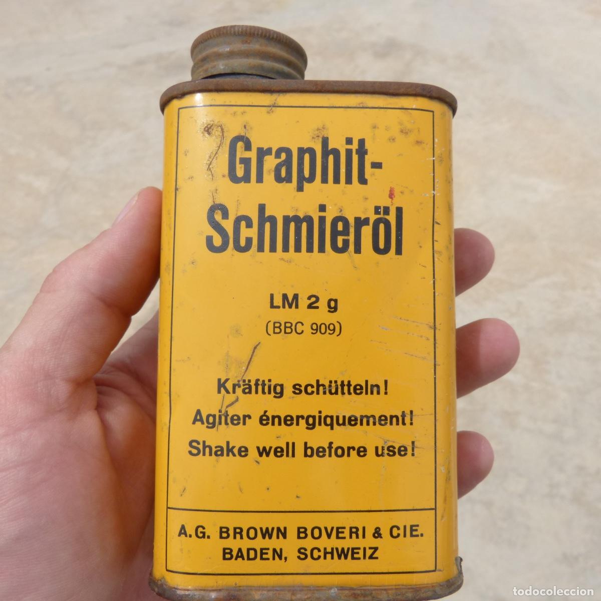 Blechdosen und Kisten: Antigua lata de aceite especial industrial, Graphit schmierol , a.g brown boveri and cie, Baden.