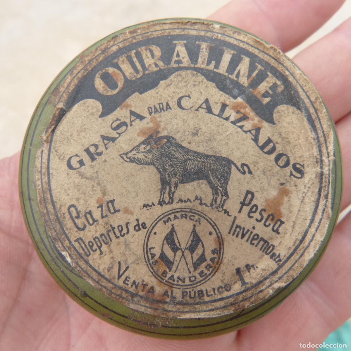 Blechdosen und Kisten: Antigua cajita de grasa para calzado deportes caza pesca OURALINE , 1 peseta, con contenido.