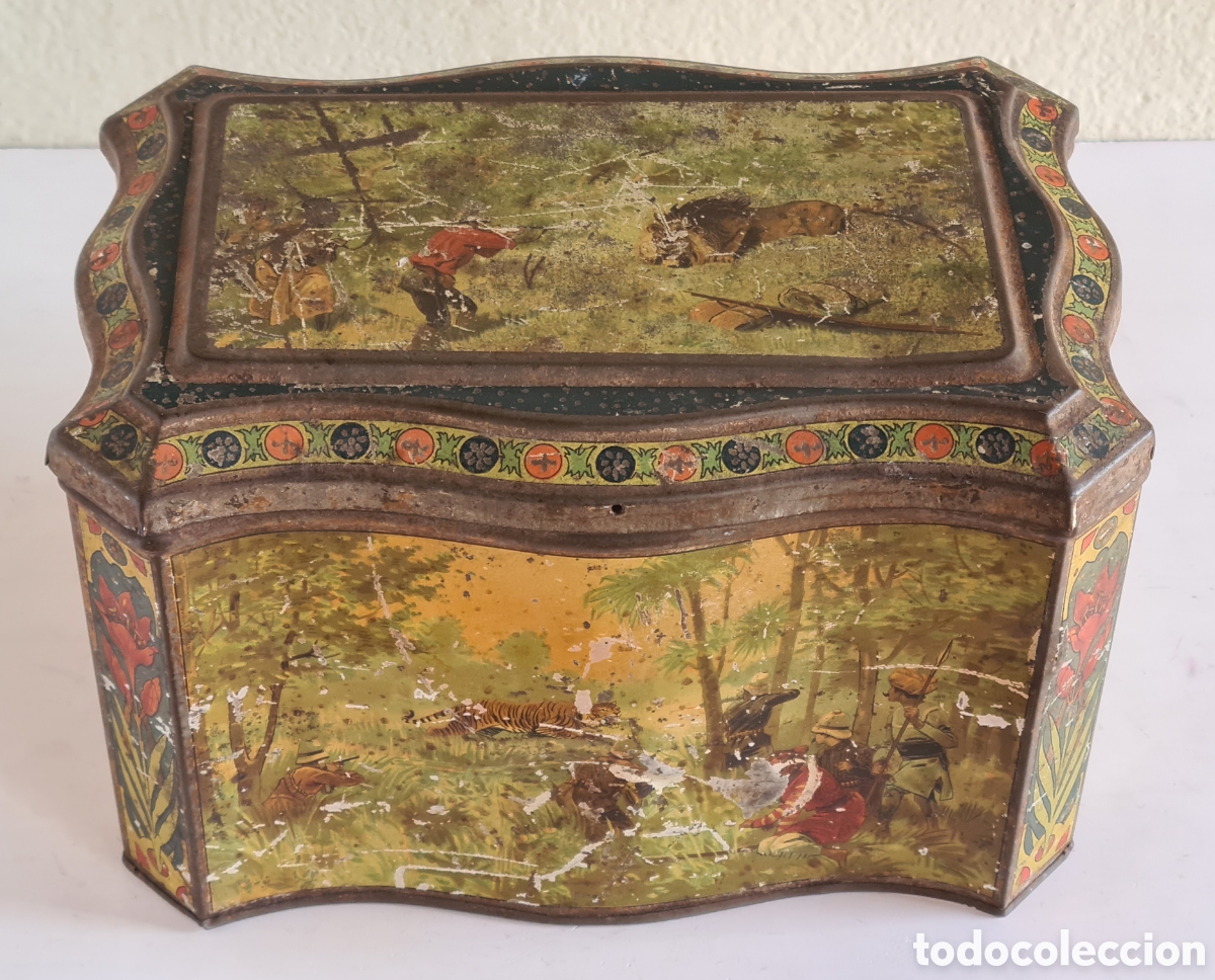 Blechdosen und Kisten: Antigua Caja Lata J & J Colman Mostard Queen Decoraci&oacute;n Caza Safari Le&oacute;n Oso Elefante Bisonte Tigre